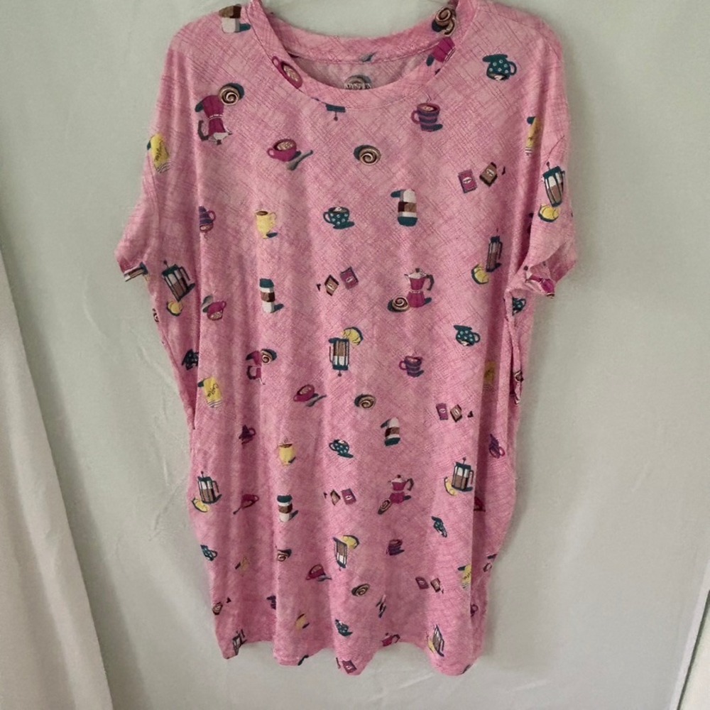 JOYSUPUN Women's LXL Pink Coffee Cup Print Sleep Shirt Nightgown